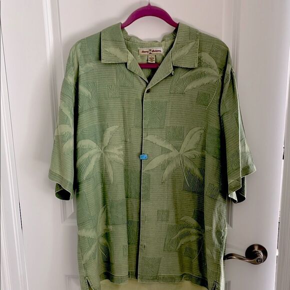 Tommy Bahama Silk Green Palm Tree print Button Down Freshly Laundered SZ L - Picture 1 of 9